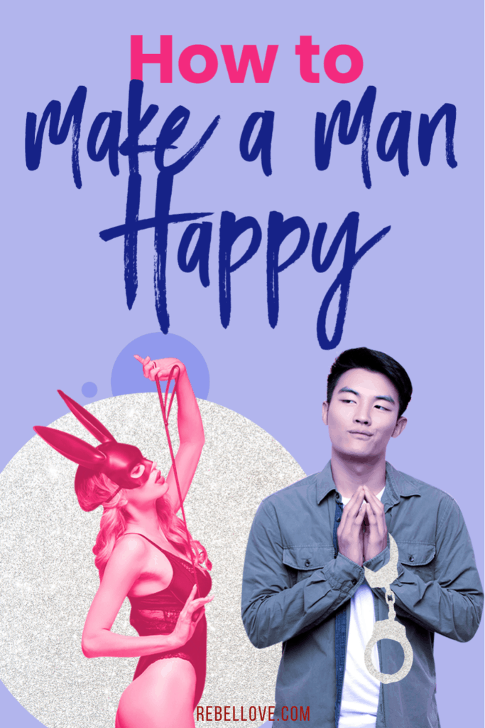 a pinterest pin that says "How To Make A Man Happy" with an image of an Asian man with handcuffs and a white woman wearing a sexy lingerie and a rabbit-like mask holding a rope