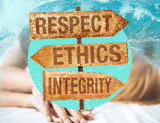 a banner image of 3 arrows alternately in opposite directions with the word Respect, Ethics and Integrity on each arrow with a background of a big sea wave on the right and a man on top of a woman kissing her neck on the left