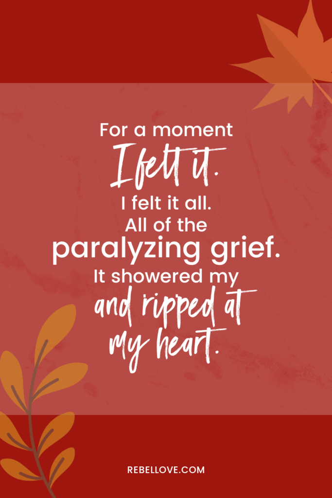 A pinterest pin that says "For a moment, I felt it. All of tge paralyzing grief. It showered and ripped at my heart" om a red background with leaves on opposite corners