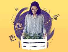 a banner image with a black woman holding a basket that has a plant inside with an icon images of luggage, journal and a plane in the background