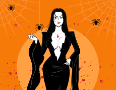 an image of an animate sexy woman wearing a vampire-like costume showing her cleavage, wearing a red pendant necklace and red lip stick with spiders and spider web in the background