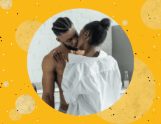 an image of a top less black man and woman wearing white long sleeves kissing each other with a yellow background filled with dots and circle elements