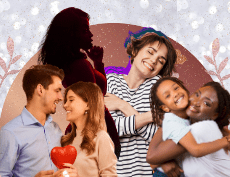 a glittered FT image with a photo of a white couple holding a red heart, a black woman and her child hugging each other, a white woman happily hugging herself and a shadow image of a sexy woman