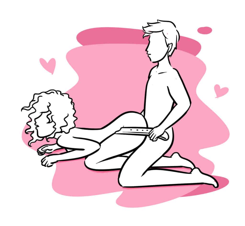 a drawing of a man and woman in a horseback sex position with a light pink background color and 2 hearts