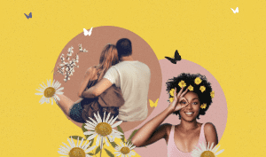 a featured image for The balance of holding on and letting go with an image of a black woman smiling in the camera with her hand on her right eye. On her right also is an image of a white couple, the man holding the woman's waist from the back and with butterflies and flowers surrounding their images