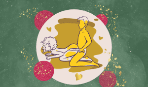 a featured image of the Rebel Love blog "5 Awesome Sex Positions You Don't Need To Be A Gymnast For" with a horseback sex position drawing at the center, surrounded by pink glittered circles and golden leave and hearts.