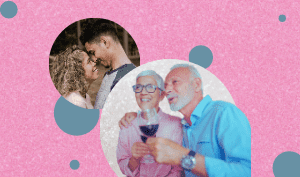 a featured image of the Rebel Love Blog "Rekindling the spark: Daily actions that remind your partner you care" in a pink glittery background image, and two circles with couple. One young couple holding close to each other face to face, and another white old couple, with the old man on the old woman's shoulders, both holding a glass of red wine.