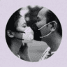 A featured sized imaged of a black and white image of a couple wearing facemask while facing each other just like kissing, and both eyes closed in a light purple background, and pink violet circles around it.