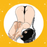 a featured sized image that says "What Is A Foot Fetish? One Man's Experience" on a yellow background. A circle frame at the center with an illustration of a woman's half body part from butt to feet, and a person in a b;ack masj tied with chain licking the woman's foot