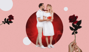 a feature sized image for the blog "Going Through (Not Around) Stages Of Heartbreak on a light pink background. A red stem rose held by 2 hands and a white couple inside a red circle frame.