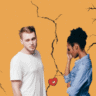 a feature sized image for the blog "Breaking Up With Someone You Love" on a bright orange background with dotted texture. An image of a black woman and a white man showing sad faces, a broken heart icons and a torn effect in the background.