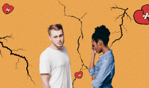 a feature sized image for the blog "Breaking Up With Someone You Love" on a bright orange background with dotted texture. An image of a black woman and a white man showing sad faces, a broken heart icons and a torn effect in the background.
