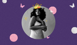 a feature sized image for the blog "How To Orgasm Like A Quean" on a purple background with dotted texture. A black woman wearing a white night dress with a yellow crown on her head and butterflies around her in white and pink glitters.