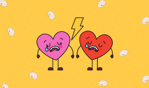 a feature sized image for the blog "Mental Health Tools For Dealing With A Breakup" on a bright yellow background with dotted texture. An cartoon image of a pink and a red heart with a tear drop on their left cheeks and a cartoon image of brains surrounding the texts and other elements.