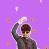 a feature-sized image for the blog "Signs A Man Is Falling In Love" on a bright purple background with dotted texture. An image of a man wearing a black long sleeves, wearing a heart-shaped eyeglasses with his right arm on top of his head dropping red petals and an in love emoji surrounding him.