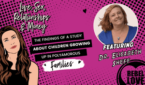 The Rebel Love Podcast Episode 46 with Dr Elisabeth Sheff's featured image with a text that says "The findings of study about children growing up in polyamorous families" with Talia's cartoon image and Dr Elisabeth Sheff's photo
