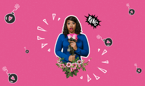 a feature-sized image for the blog "Love Bomb: The Secret Weapon of an Abuser" on a bright pink background with dotted texture. An image of a black woman wearing a blue long sleeves, with a red lip stick, holding pink roses with a shocked face. Bombs with a pink heart drawing on the background.