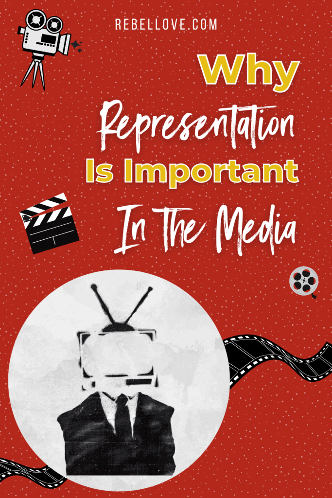 a Pinterest pin that says "Why Representation Is Important In The Media" on a bright red background with dotted texture. An image of a black man with a head TV. Graphics such as video camera and film are spread in the background.