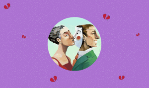 a feature-sized image for the blog "The 5 Stages of Grief After A Betrayal" on a bright purple background with dotted texture. A round frame with a photo of a woman kissing a two-faced man and broken heart graphics scattered in the background.