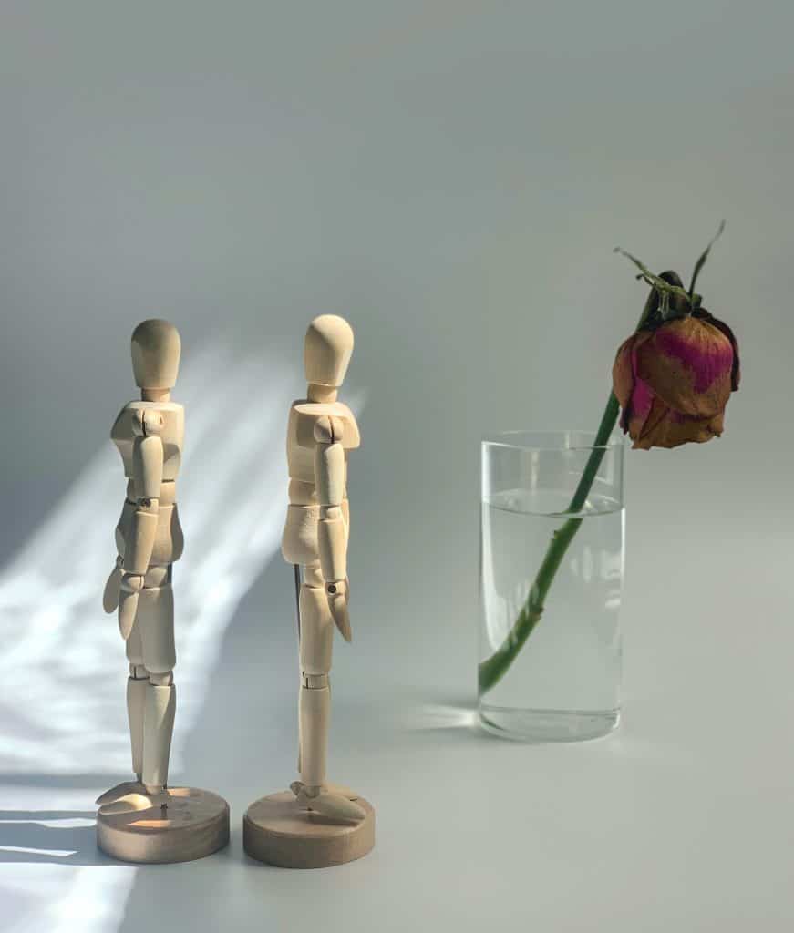 two wooden robot placed on top of table back to back and a dying red stem rose inside a bottle of water