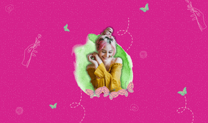 a feature-sized image for the blog "How Do We Experience Self-Love? Encounters of Self0love From 100 People" on a bright pink background with dotted texture. A pink and green colored hair woman wearing a yellow longsleev off-shoulder smiling with a green watercolor background. Green butterflies, line arts of hearts, sunflower and dotted lines scattered around.