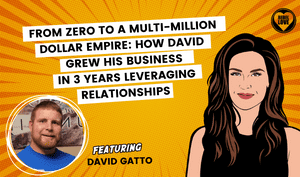 The Rebel Love Podcast Episode 49 with David Gatto's featured image with a text that says "From Zero To a Multi-Million Dollar Empire: How David Grew His Business In 3 Years Leveraging Relationships" with Talia's cartoon image and David Gatto's photo