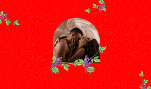 a feature sized image for the blog "Sex Drive After 40 - Thoughts Collected from Eight Sexperts" on a bright red background with dotted texture. A naked sensual couple in the bottom center with green leaf vines and a purple flower vine on the top right, middle left, and bottom right.
