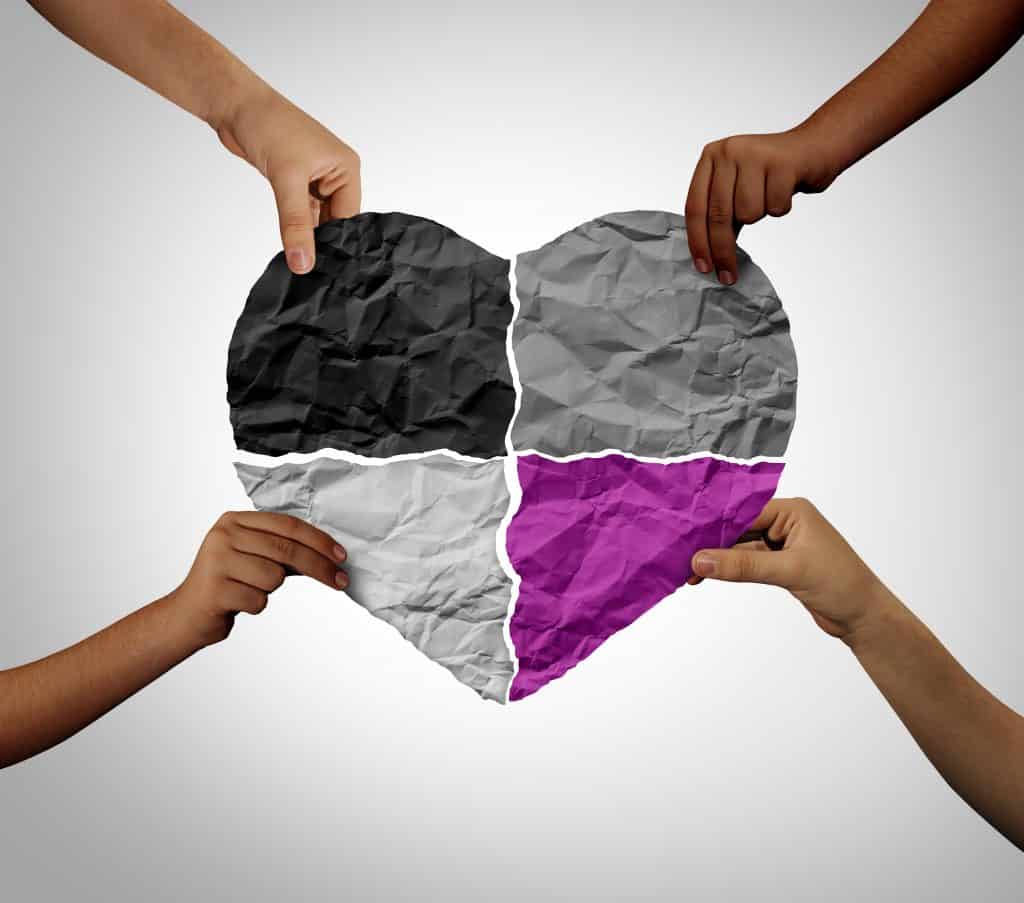 Asexual and asexuality or nonsexual relationship as a romance with no interest in sex or sexual and biromantic concept.