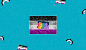 a feature-sized image for the blog "The Ace of Sexualities: Q&A With Our Asexual Community" on a bright teal background with dotted texture and asexual symbols around. At the center bottom is an asexual flag with different types of people.