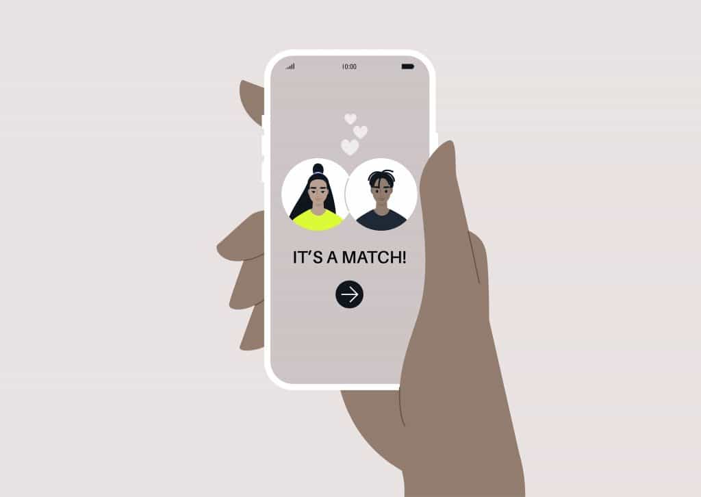 a vector at of a mobile phone held by a woman's hand with a woman and a man's dating profile matched. A dating app match, two avatars on a screen, online romantic relationships