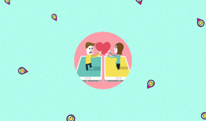 a feature sized-image for the blog "Optimizing Your Dating App Profile: Tips from 21 Experts" on a light teal coloured background with dotted texture and heart location symbols around. At the center bottom is acircle framed photo with a couple standing on two different mobile phones with their one hand holding the heart symbol up high.