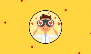 a feature-sized image for the article "First Date Questions: Icebreakers versus Deal Breakers" on a yellow background with dotted texture and red hearts around. A circle frame in the middle with a vector art of a man holding and looking into a telescope