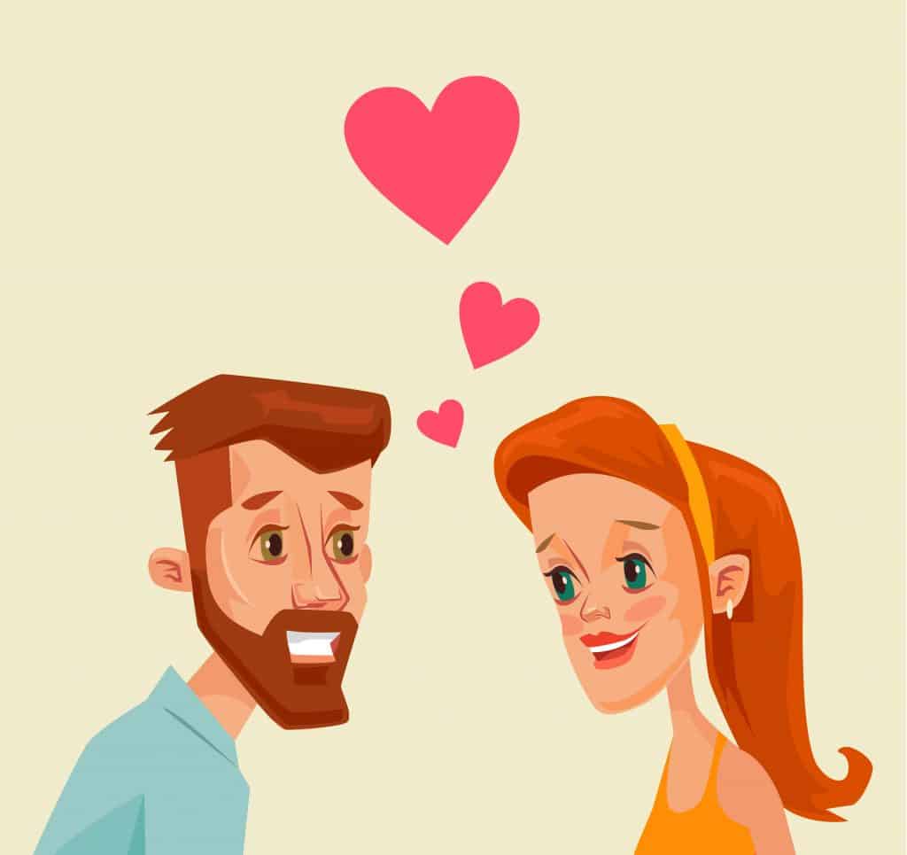 a vector art of a bearded man and a woman with three heart icons in their middle