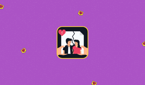 a feature-sized image for the blog "The 5 Stages Of A Breakup" on a purple background with dotted texture and a cartoon art of a couple photo with a tear between them and a broken heart