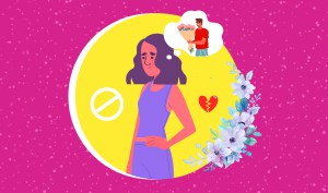 a feature-sized imiage for the blog "Stop Obsessing: How To Get Over An Ex" on a pink background with dotted texture and a cartoon art of a woman still thinking of a man giving her flowers