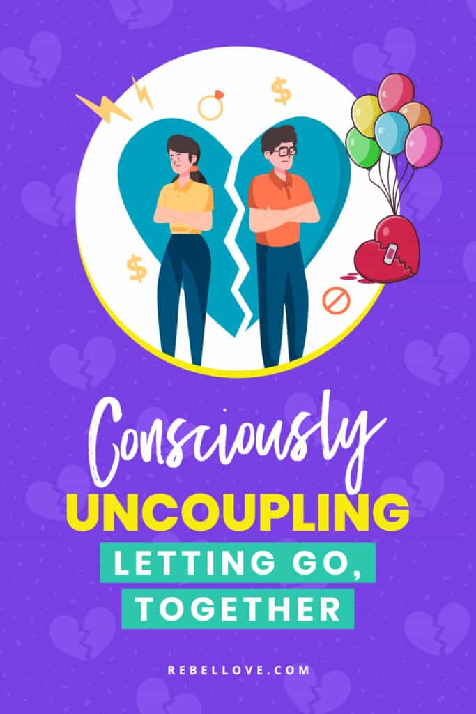 a Pinterest pin that says "Consciously Uncoupling: Letting Go, Together" on a blue violet background with dotted texture and a broken heart graphic all over and a cartoon art of a man and a woman breaking up