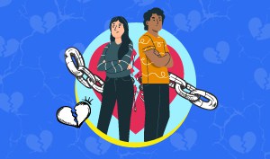 a feature sized image for the blog "How To Break Up With Someone And Make It Stick" on a blue background with dotted texture and a broken heart graphic all over and a cartoon art of a man and a woman with a big red broken heart and chain behind them