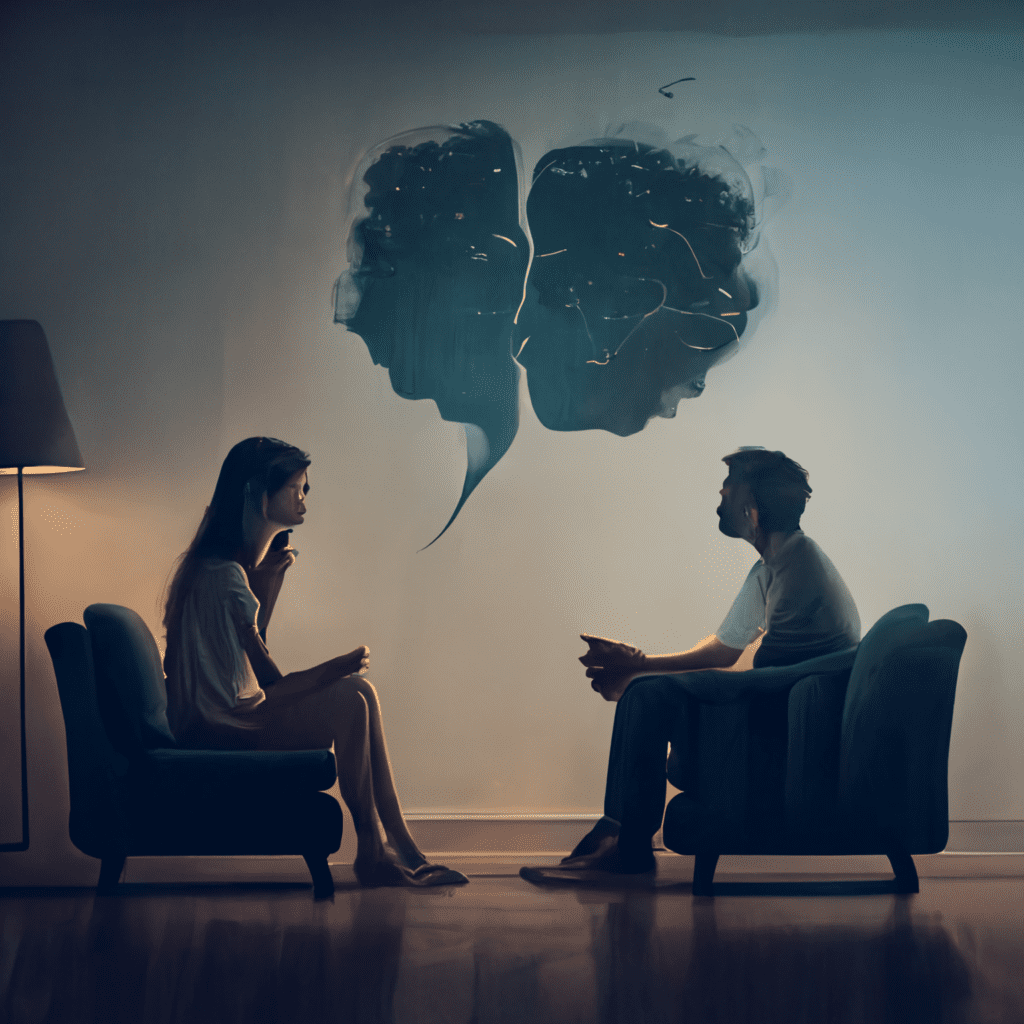 An image of a person sitting across from another person, having a serious conversation, with body language that shows the emotional intensity of the situation, to represent the difficult conversation that must take place to end a relationship.