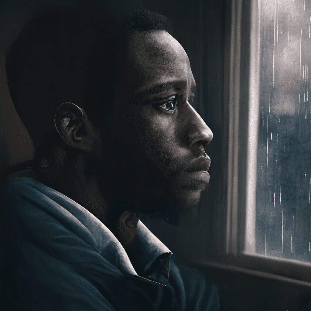 An image of a man sitting alone, lost in thought, looking out of a window, to represent the introspection and self-reflection that is needed before breaking up with someone