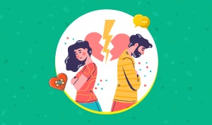 a feature-sized image for the blog "10 Non-Negotiable Reasons To Break Up With Someone " on a green background with confetti texture and a broken heart graphic in between a couplw with sad faces
