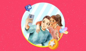 a feature-sized image for the blog "Post-Breakup Strategies For Staying Friends With An Ex" on a light pink background with dotted texture and a graphic of a man and woman taking a selfie.