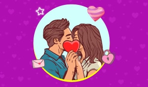 a feature sized graphic for the blog "Rebound Relationships & Getting The Love You Want" on a bright pink violet background with heart texture and a graphic of a man and woman kissing covering their face with a red heart.