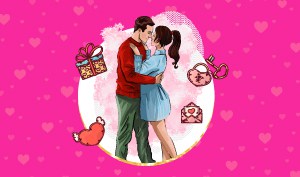 a feature-sized image for the blog "Break These 3 Patterns To Attract Better Relationships And Find Your Ideal Partner" on a bright pink background with heart texture and a graphic of a man and woman bodies close to each other and looking at each other eye to eye with graphic elements of a gift box, heart with wings, envelope with a heart and a heart lock and key around them.