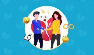 a feature-sized image for the blog "Avoiding Narcissistic Breakup Games: Strategies for a Healthy Separation" on a bright blue background with a broken heart texture and a graphic of a man and woman shaking their hands in front of a big heart broken i the middle.