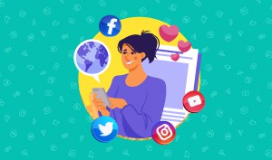 a feature-sized image for the blog "10 Tips for Social Media: Building Online Boundaries Post-Breakup" on a mint green background with watermark-like social media icons all over and a graphic of a woman in the middle surrounded by these social media platforms