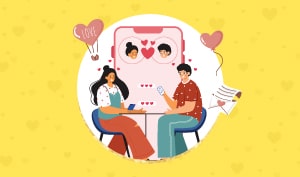 a feature-sized image for the blog "Tips for a Smooth Transition: Navigating The Dating Scene After a Breakup" on a yellow background with watermark-like heart icons all over and a graphic of a man and woman at the center, sitting in front of each other.
