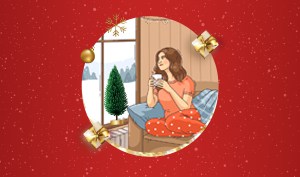 a feature-sized image for the blog "How to Survive the Holidays Newly Single: Coping Strategies and Self-Care Tips" on a red background with watermark-like snow flakes and snow icons all over and a graphic of a woman holding a mug sitting on a couch beside a glass window, looking outside snowing.
