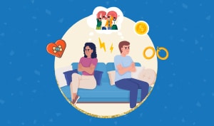 a feature sized image for the blog "Coping with the Loss of In-Laws after a Breakup" on a blue background with a graphic of a black woman and white man sitting on a couch arguing and a bubble speech with a photo of a happy family.