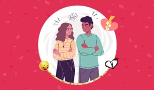 a feature sized image of the blog "How To Break Free from the On-Again, Off-Again Relationship Cycle: Tips for Ending it Once and for All" on a pink background that has an illustration of a man and woman at the center that looks like angry, and small elements of broken hearts.